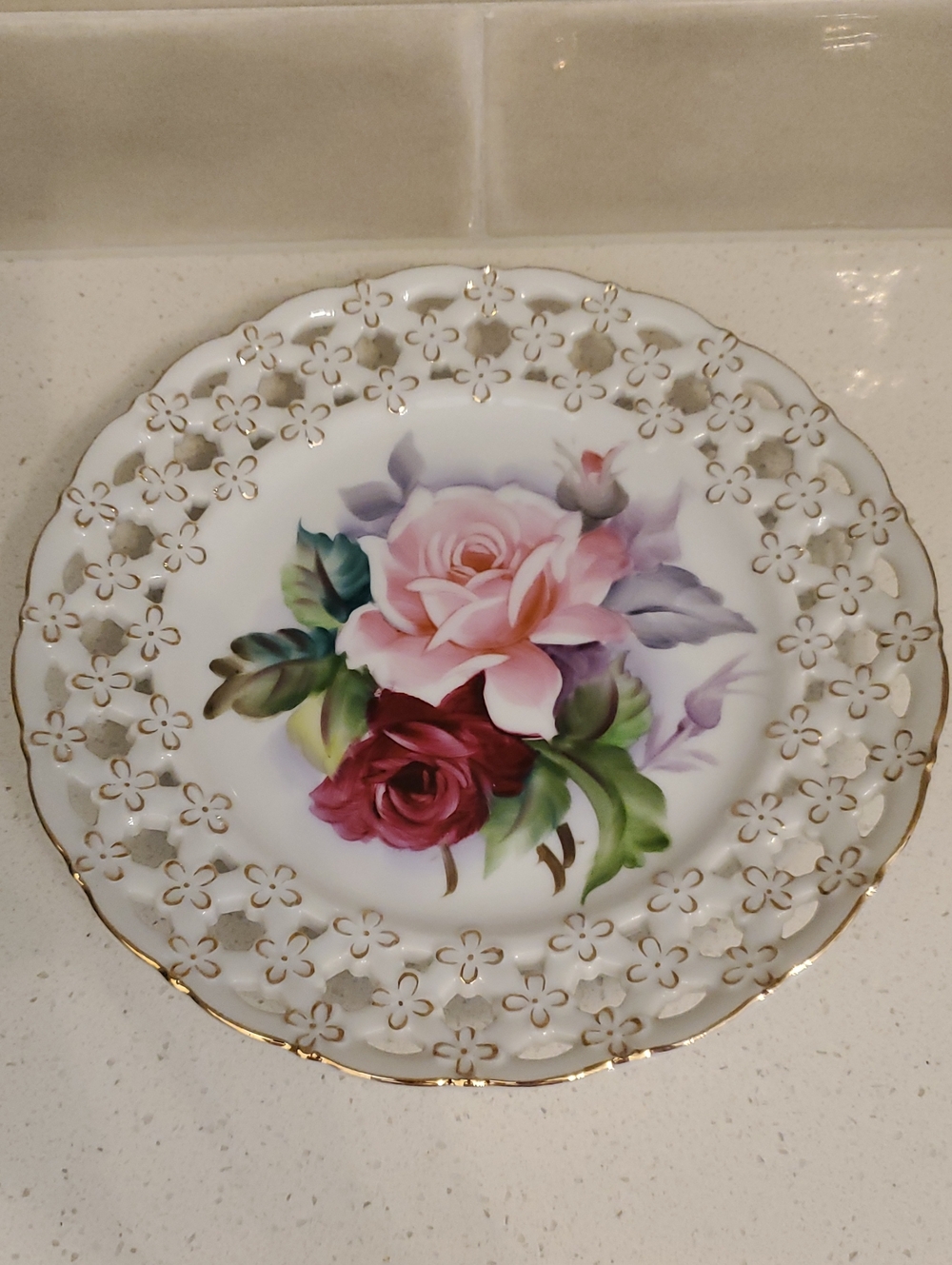 Lefton Reticulated Rose Lattice Lace Edge Hand Painted China Plate Japan